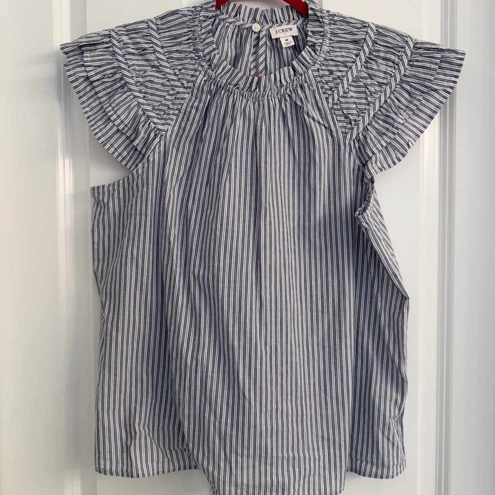 J. Crew Blue & White Striped Flutter Sleeve Top